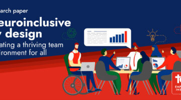 Diverse team collaborating around a table. Text: "Neuroinclusive by design – Creating a thriving team environment for all." Top Employers Institute logo.